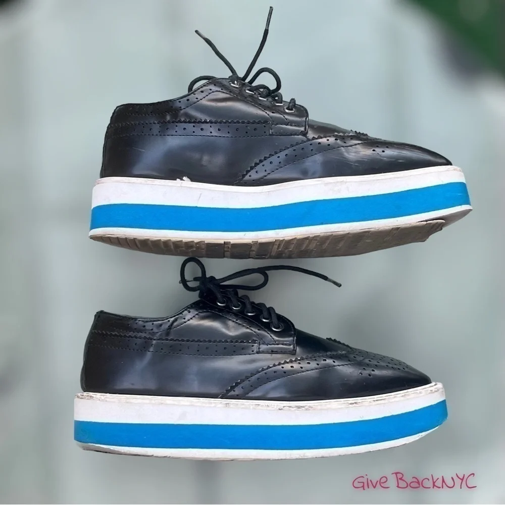 Wingtip Platform Brogues Black White Blue Stripes Size 8